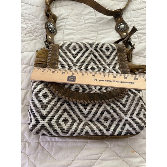 Myra Bag Sand Weaver Shoulder Purse Upcycled Canvas & Aged Leather Boho western - Picture 8 of 15